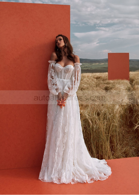 Strapless White Lace Tulle Wedding Dress With Removable Sleeves